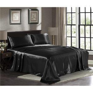 Satin Sheets Queen [4-Piece, Black] Hotel Luxury Silky Bed Sheets - Extra Soft